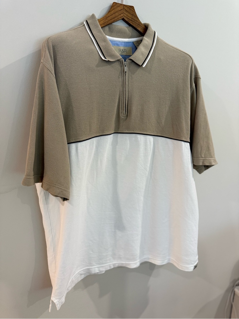 Vintage 90s R&R Quarter Zip Polo Shirt L Beige White Preppy Grandpa normcore